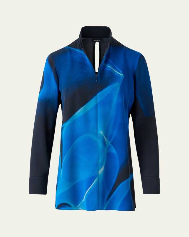 Alyson's Cyanotype Printed Mock-Neck Tunic Blouse